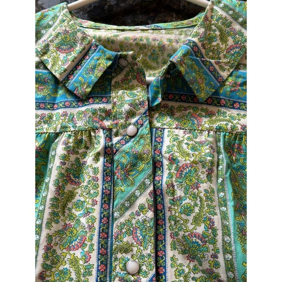 Vintage Green & Blue Floral Stripe House Dress Pockets Button Front Kaftan Sz M - Picture 6 of 8